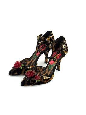 Dolce & Gabbana Rose Applique Leopard Velour Shoes Brown